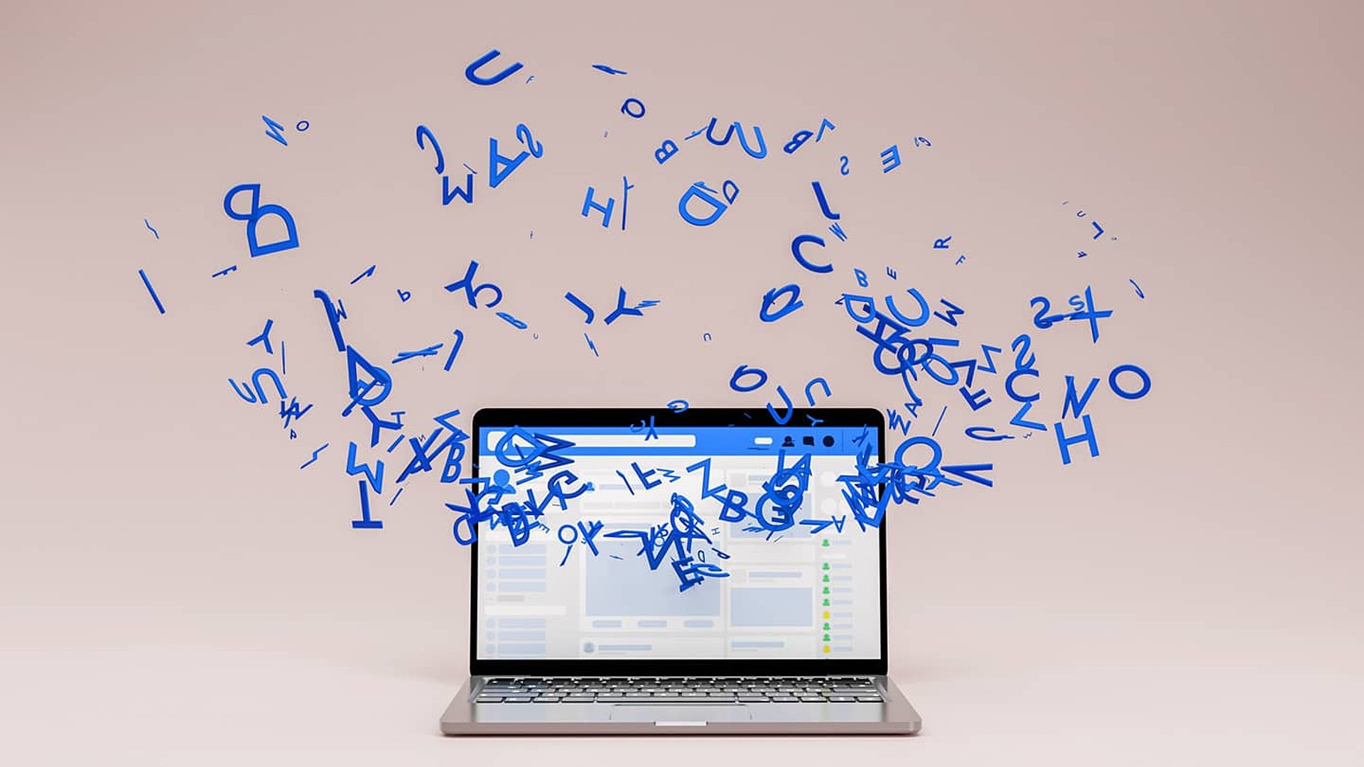 Laptop aus dessen Display blaue Buchstaben fliegen