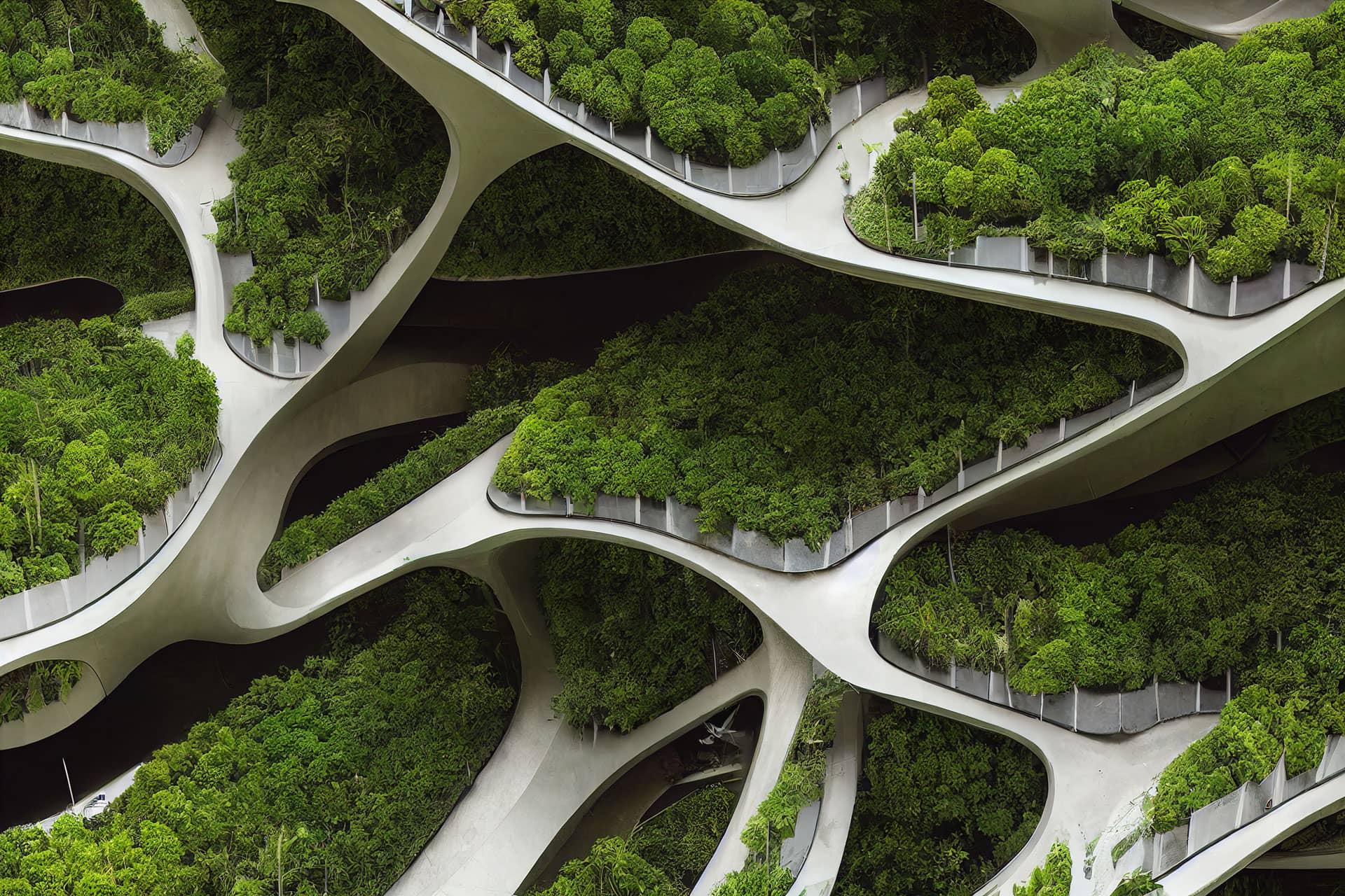 Futuristische Gartenarchitektur mit mehreren übereinander liegenden geschwungenen und begrünten Balkonen