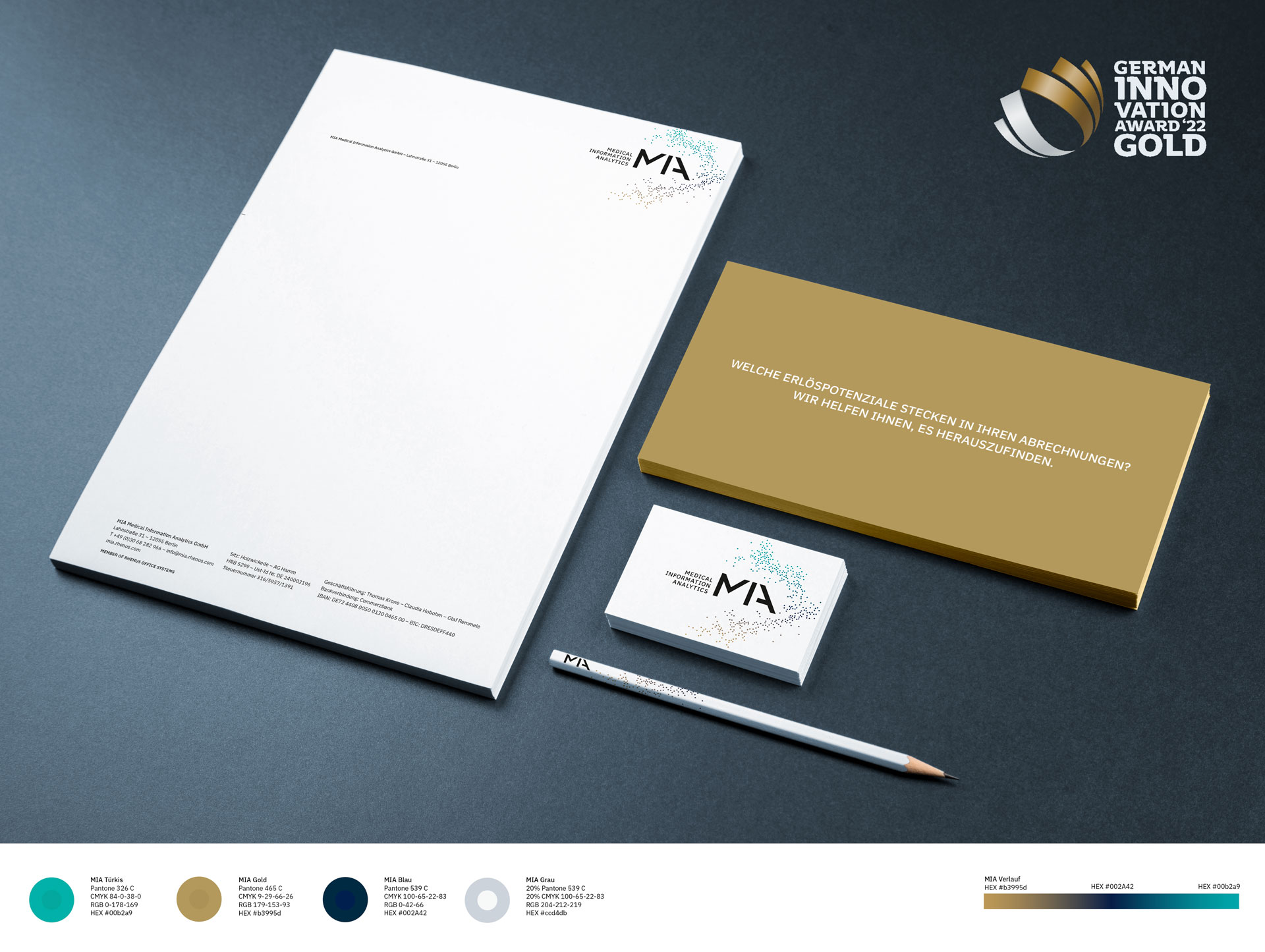 Briefpapier, Visitenkarte, Bleistift und Flyer im neuen MIA-Design